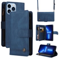 Feishell for Apple iPhone 13 Pro Max 6.7 inch Zipper Wallet Case with Wrist Strap & Shoulder Strap,Premium PU Leather Magnetic Clasp Flip Holder Card Slots Crossbody Phone Case for Women Men,Blue