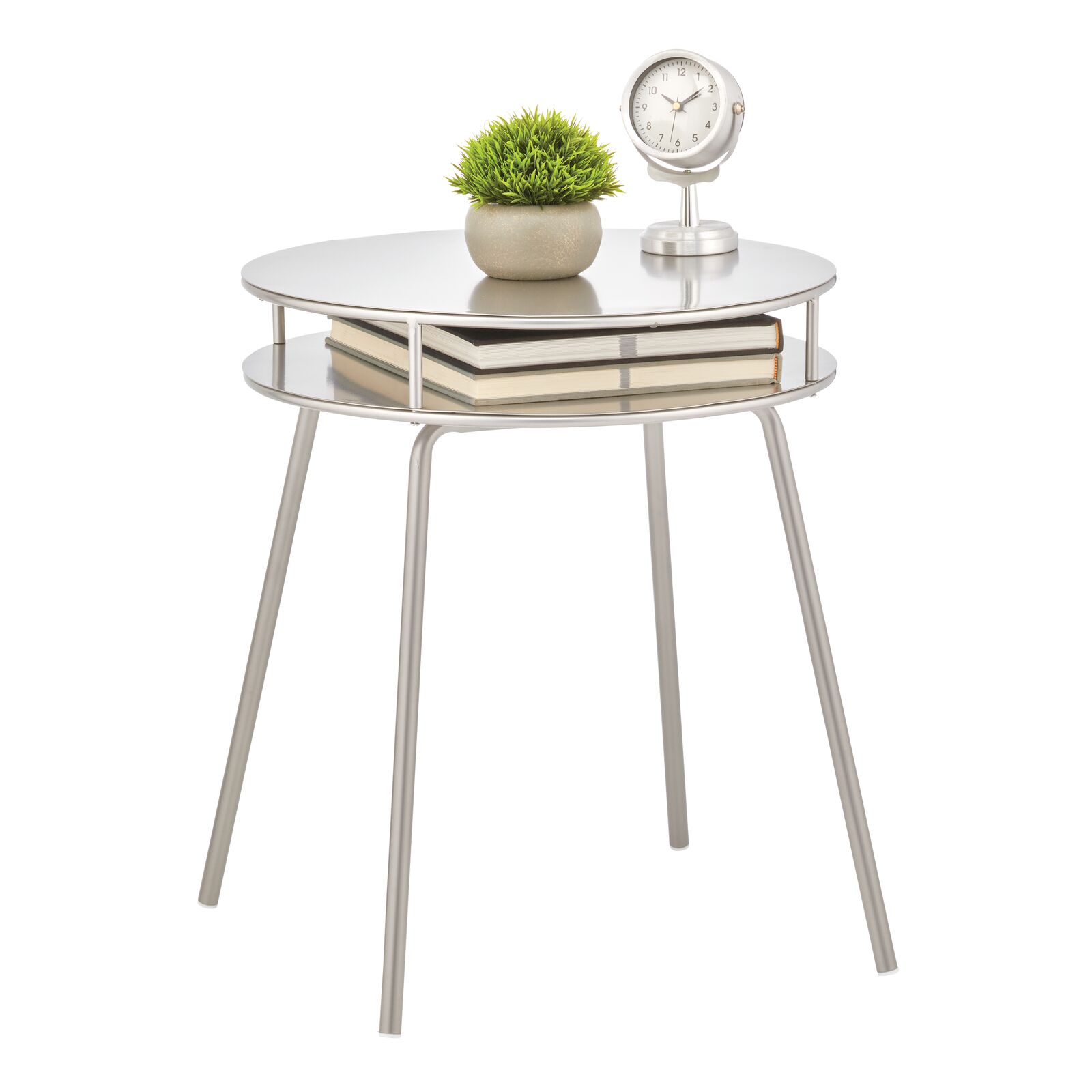 mDesign Steel Round Modern Industrial Side Table with Storage Shelf 2