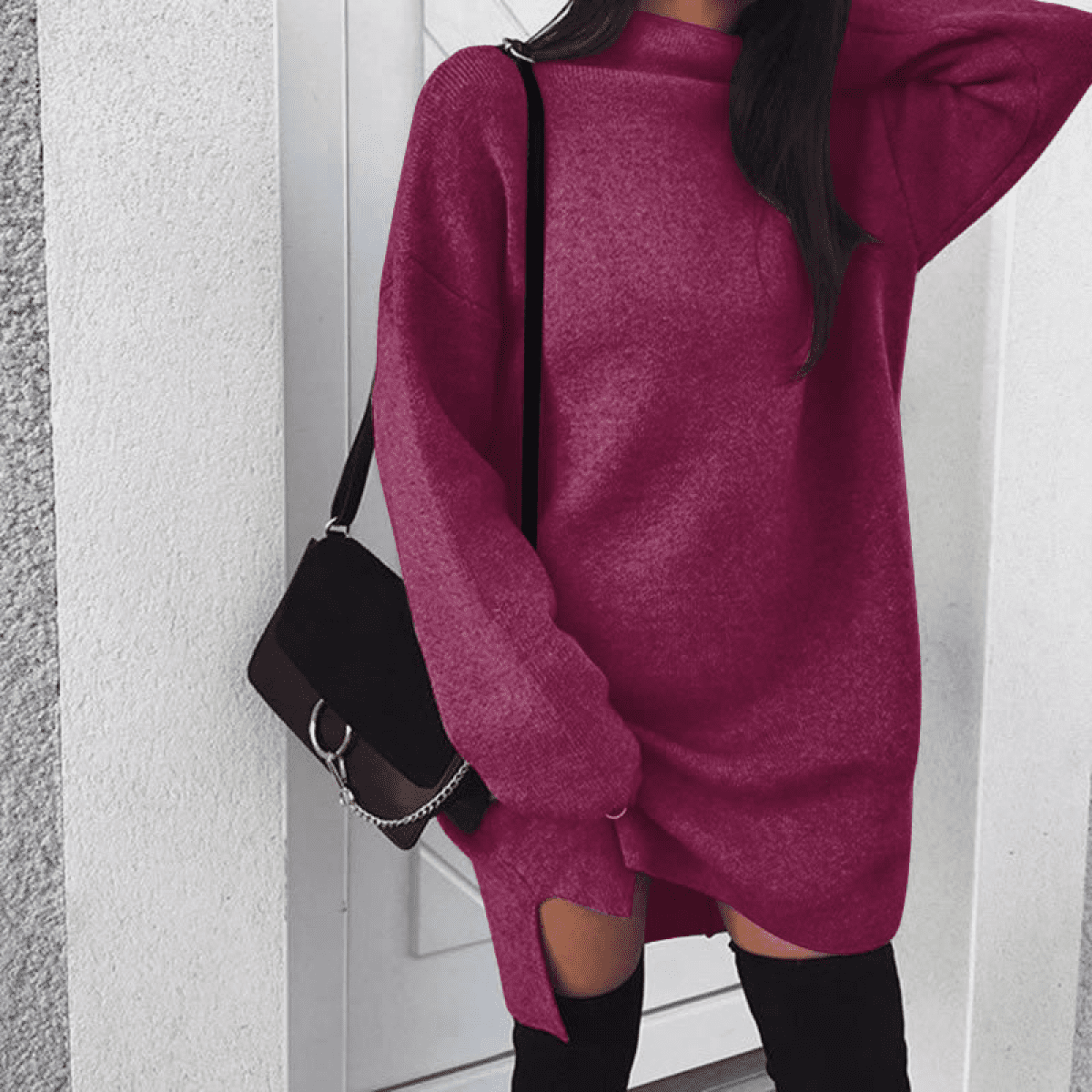 Aozrynl Large Loose Knit High Neck Women's Solid Color High collarSweater Jumper Dress Winter Long Pullover Tops Plus Size Large Loose Knit High Neck,