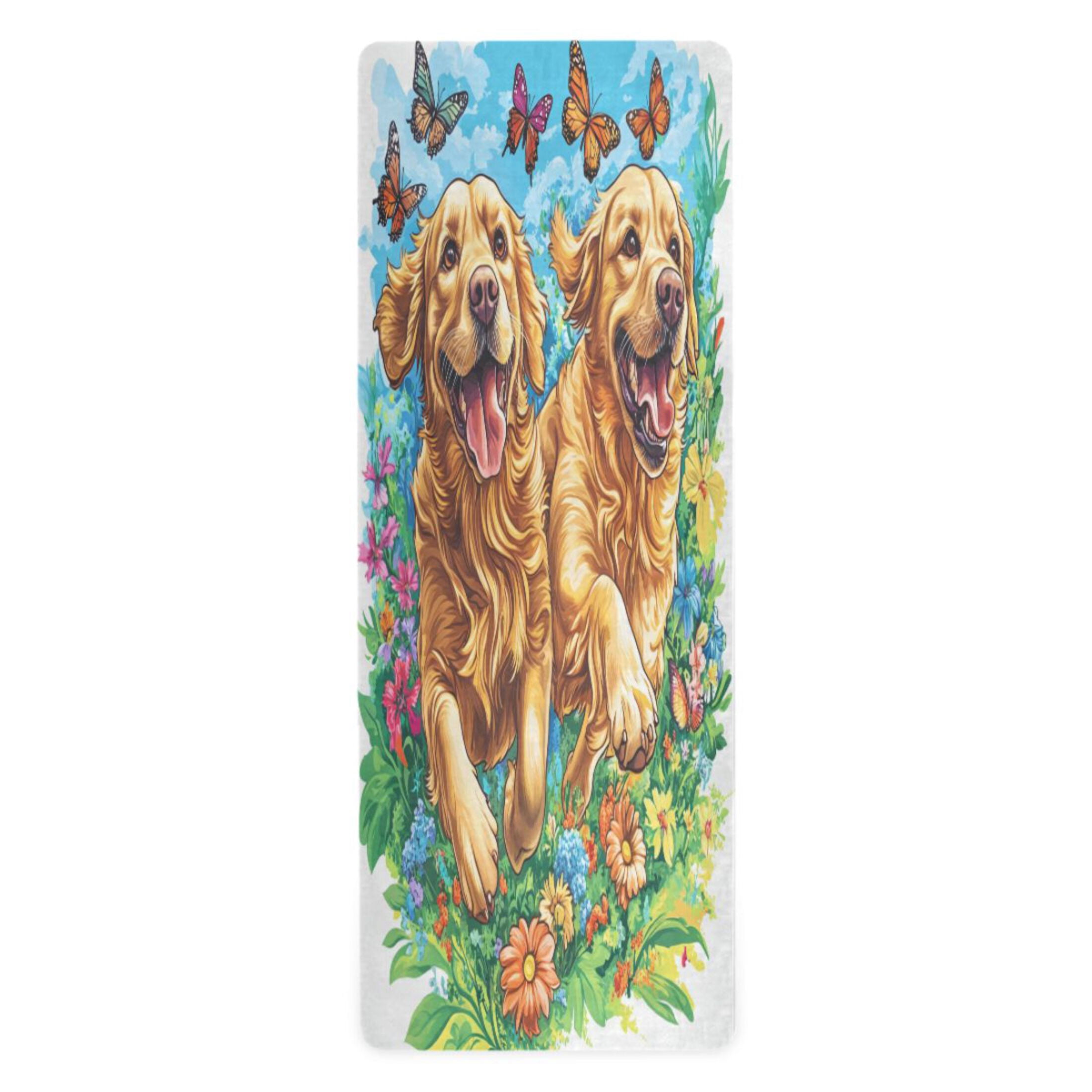 BZSMCE Yoga Mat Women Dogs Running Among Flowers Butterflies Fitness Mat
