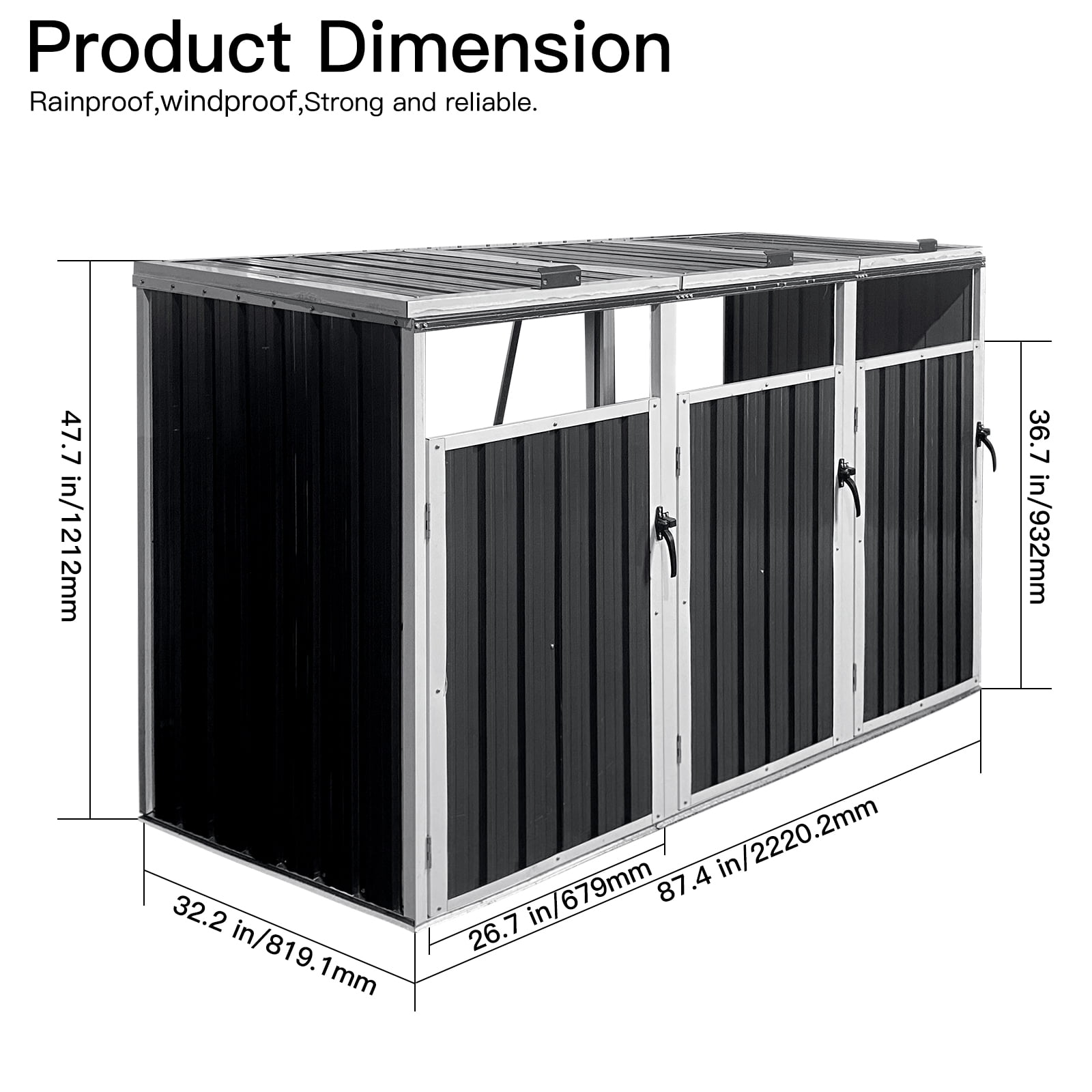 Royard Oaktree 3-Trash Can Metal Garbage Bin Shed - Outdoor Galvanized Steel Storage Shed with Lockable Lid & Ventilated Design for Garden, Yard, Pool Area, Dark Grey