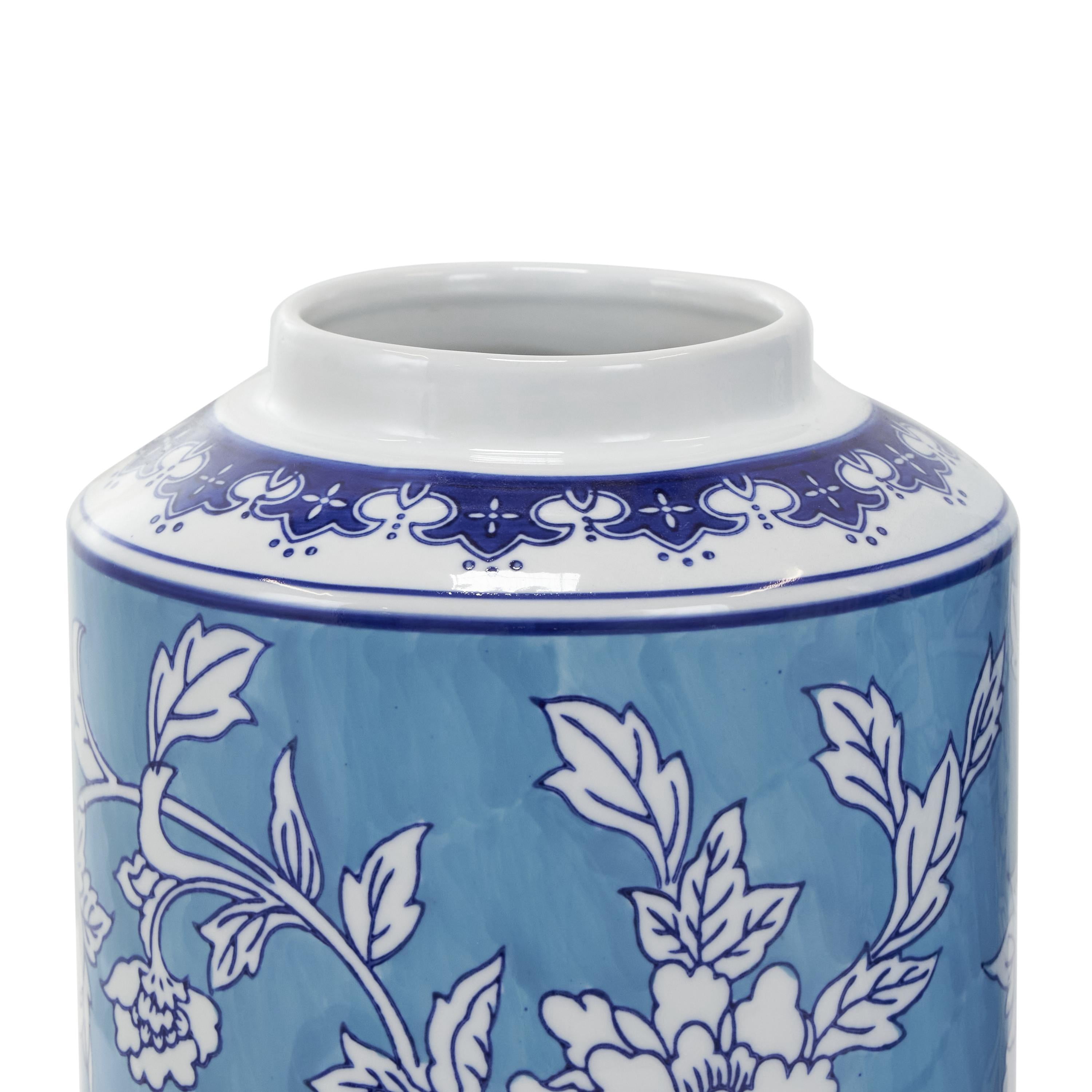 DecMode 12", 14"H Blue Ceramic Decorative Jars with White Floral Patterns, 2-Pieces