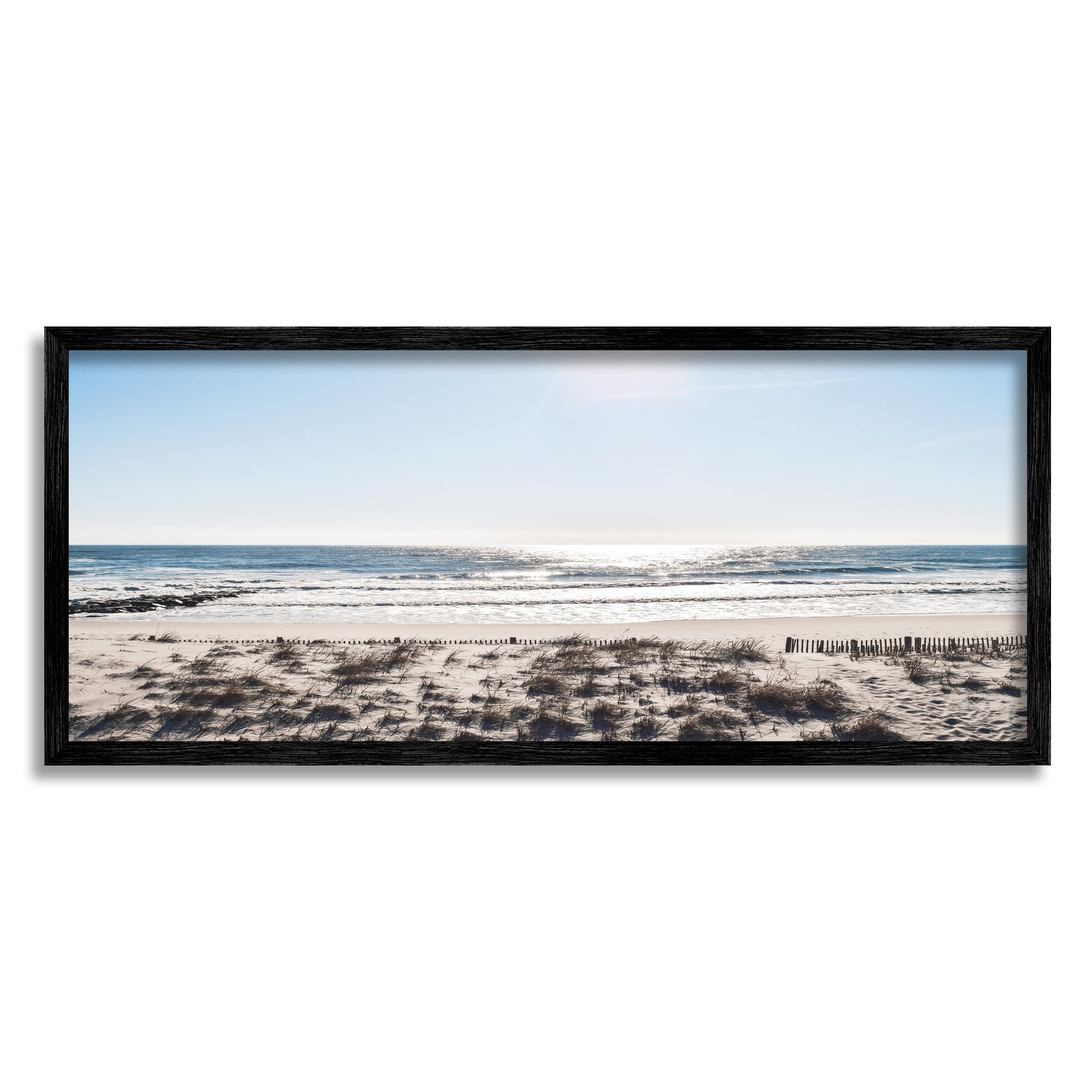 Coastal Beach Strip Landscape Nautical Fence Tall Grass 30 in x 13 in Framed Photography Art Prints, by Stupell Home Décor