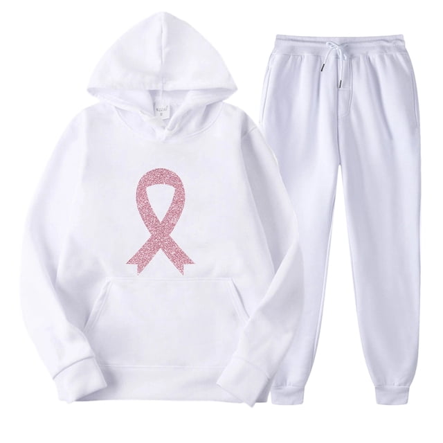 WILLBEST Outfits for Women Women's Hoodie Jogger Set Cancer Awareness Ribbon Print Wear Comfortable Athletic Outfit 2500