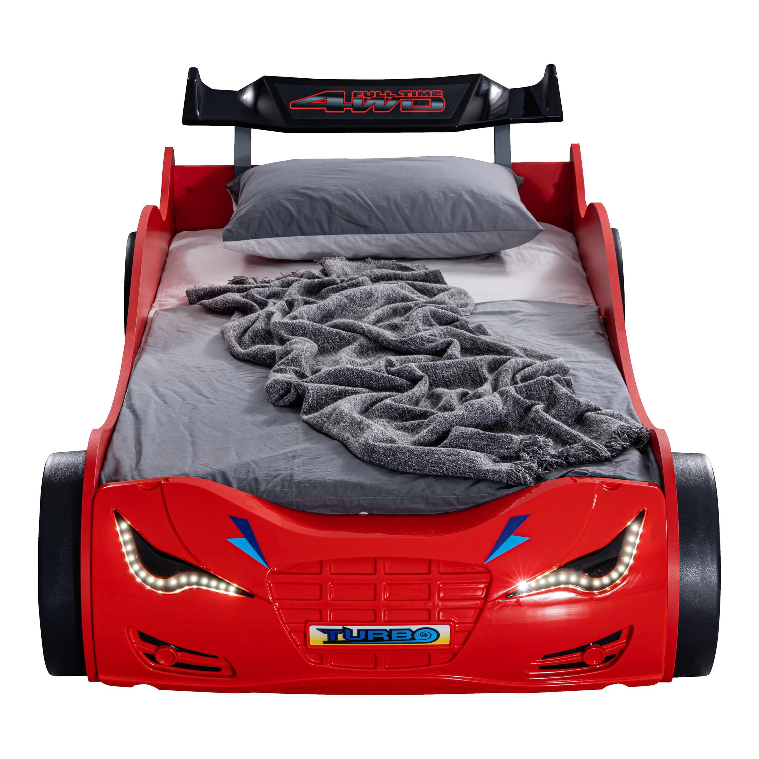 Furniture of America Jorix Wood Race Car Design Twin Kid Bed with LED in Red