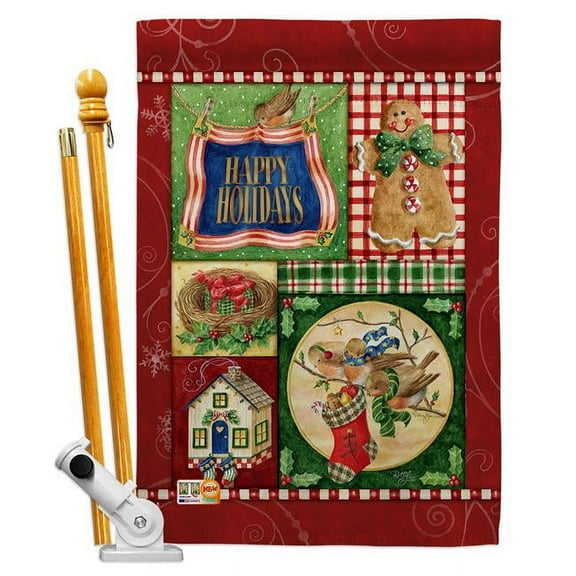 Breeze Decor BD-XM-HS-114162-IP-BO-D-US18-AM 28 x 40 in. Happy Holiday Gingerbread Winter Christmas Impressions Decorative Vertical Double Sided House Flag Set & Pole Bracket Hardware