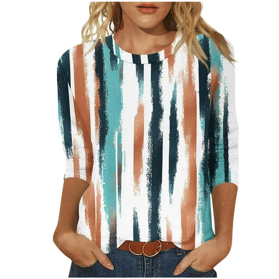 JSheng Women Casual Print 3/4 Sleeve Tops Fashion Loose Casual Print Round NeckT-shirt Top Blouse Light Blue S