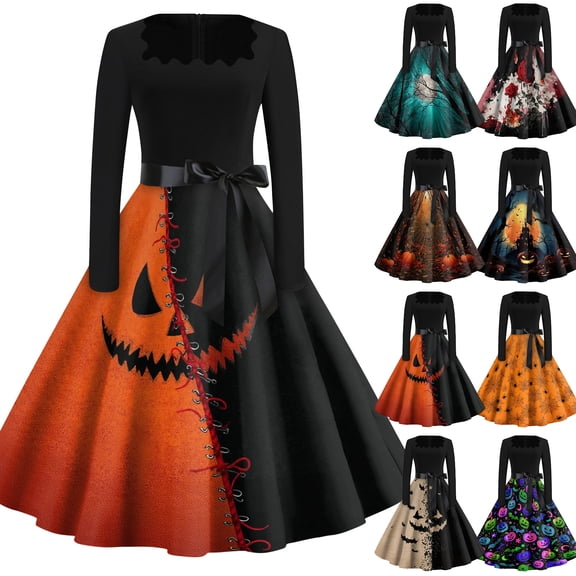 Halloween Dresses for Women Skeleton Hepburn Square Neckline Horror Swing Dress Castle Printed Long Sleeve Cute Dresses with Belt 2XL