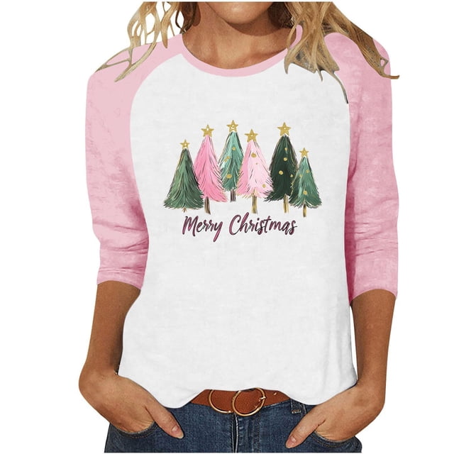 LckLvx Chandails de Noël pour Femmes Col Rond Manches 3/4 Raglan Hauts Mignons Graphiques Décontractés T-Shirts
