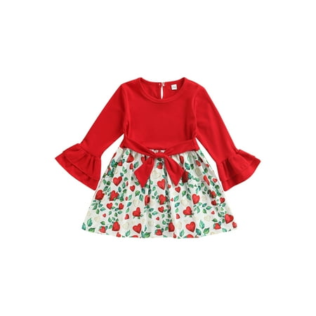 

Suanret Kids Toddler Girls Valentine s Day Dress Long Sleeve Ruffle Floral Dress Fall Spring Casual Midi Dress Red 4-5 Years