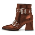 thumbnail image 2 of FSJ Women Stylish Pointed Toe Side Zipper Ankle Boots Chunky Mid Heel Double Metal Buckle Strap Studded Short Booties Date Shoes Size 6.5 Brown, 2 of 5