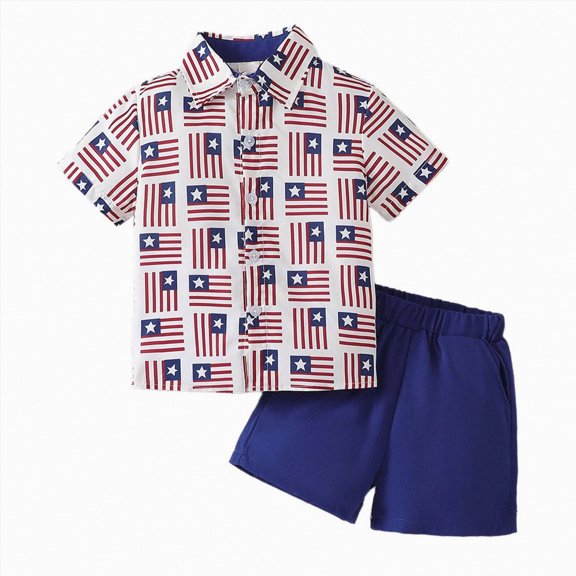 Xudanell Boys Summer Clothes Button Short Sleeve Independence Day Outfits T Shirt Shorts Set for Boys Fashionable Wear Blue 3-4 Years