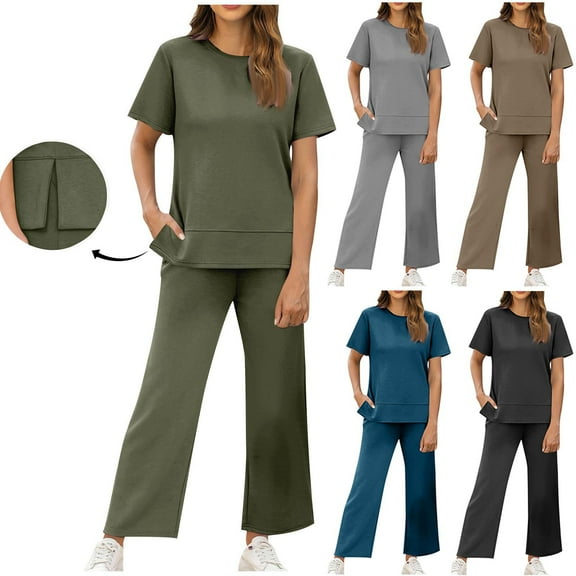 2 Picec of Outfit Sets for Womens Fashion Plus Size Summer and Autumn Solid Color Round Neck Short Sleeve Side Split Pants Set
