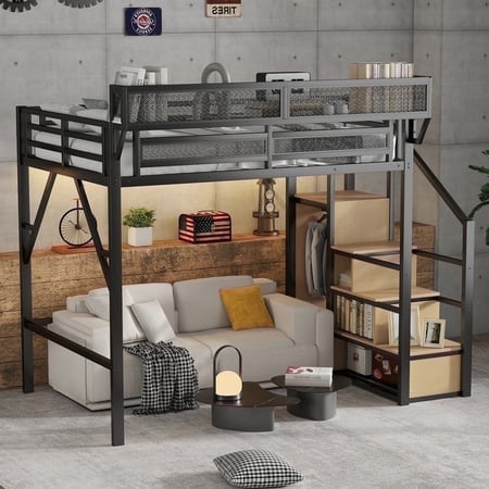 Mirightone Full Loft Bed with Storage Shelves, Metal Loft Bed with Stairs, Heavy Duty High Loft Bed with Wardrobe for Teens Adults, Black