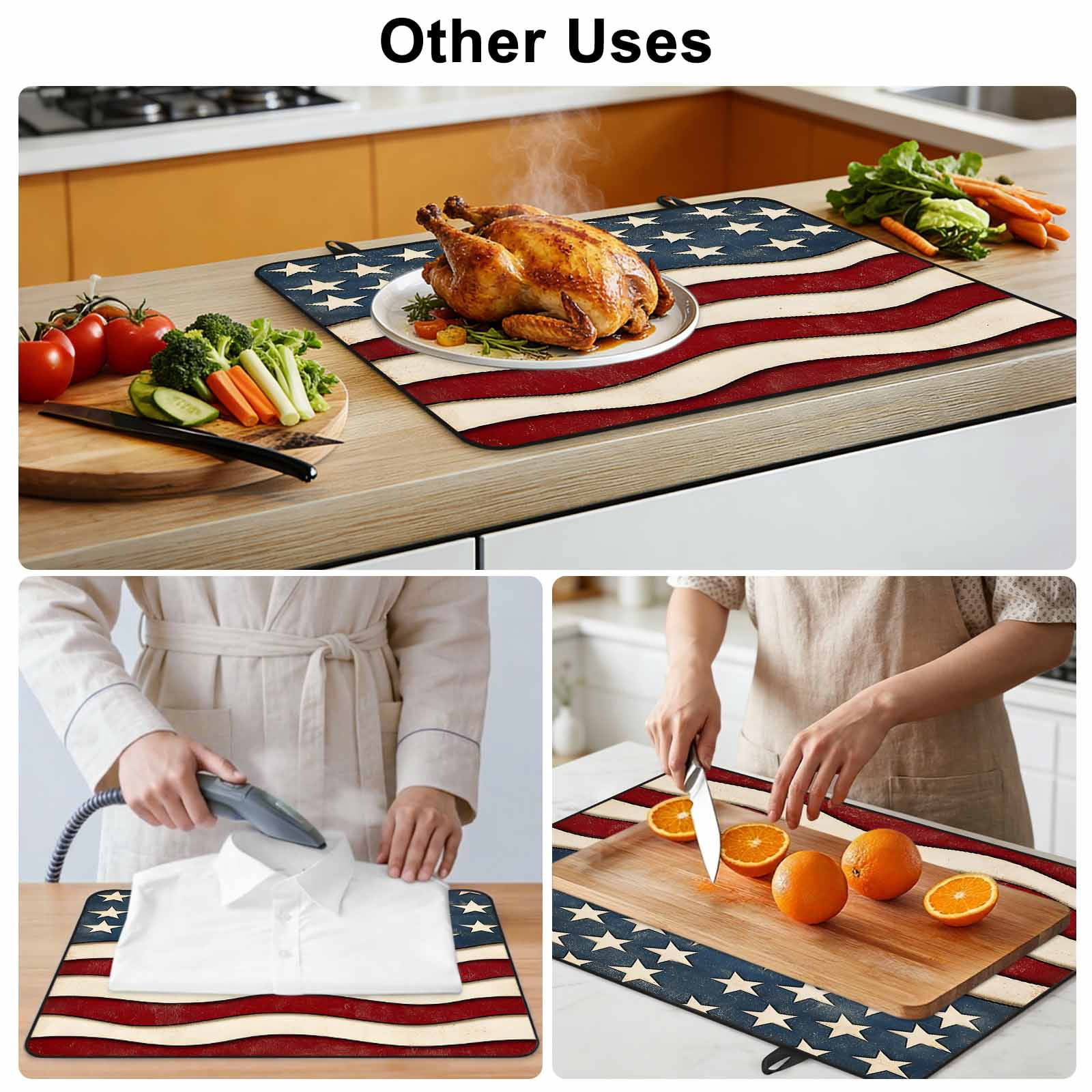 Retro American Flag Stove Top Cover for Electric Stove, Heat-proof & Non Slip Glass Top Stove Cover Protector, White Star Red Blue US Flag Kitchen Flat Cooktop Rubber Mat 24x21 Inches