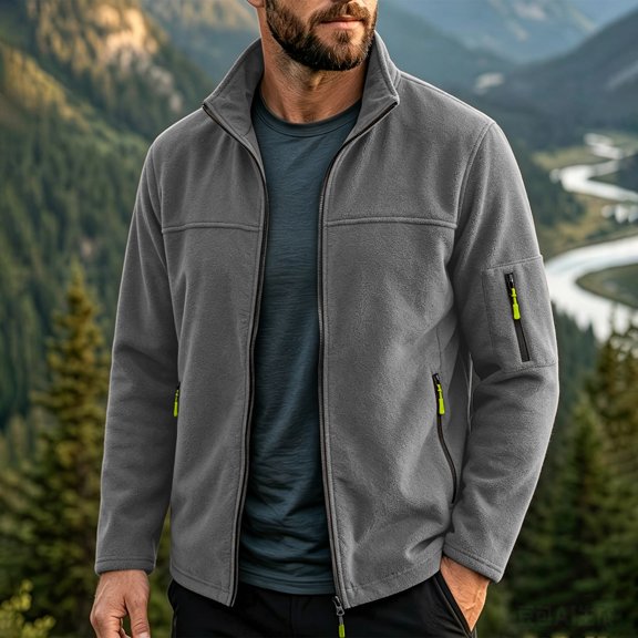 LYSMORA Men's Full Zip Fleece Jacket Stand Collar Outdoor Outerwear Multi Zip Pocket Hiking Travel Coat