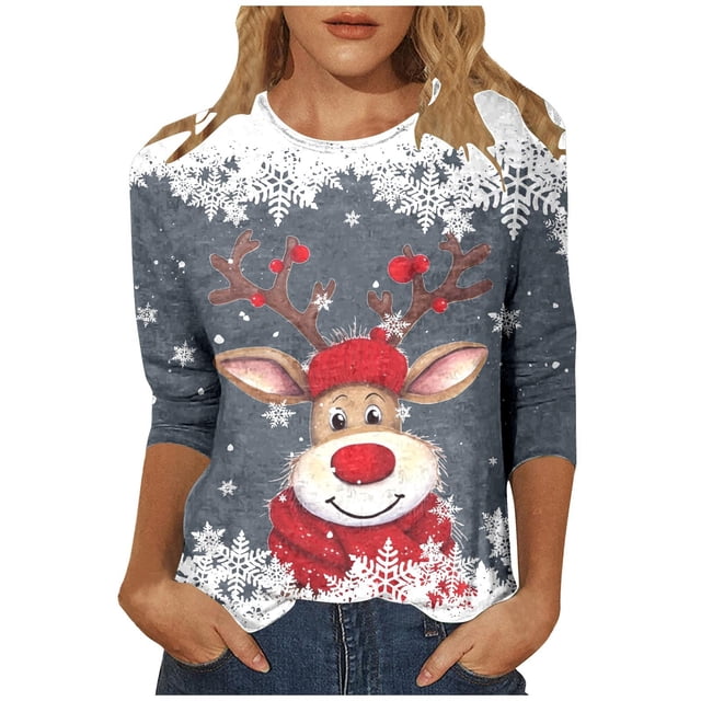 Haut à Col Rond Imprimé de Noël pour Femme, Décontracté, Ample, Manches 3/4, T-Shirt, Haut