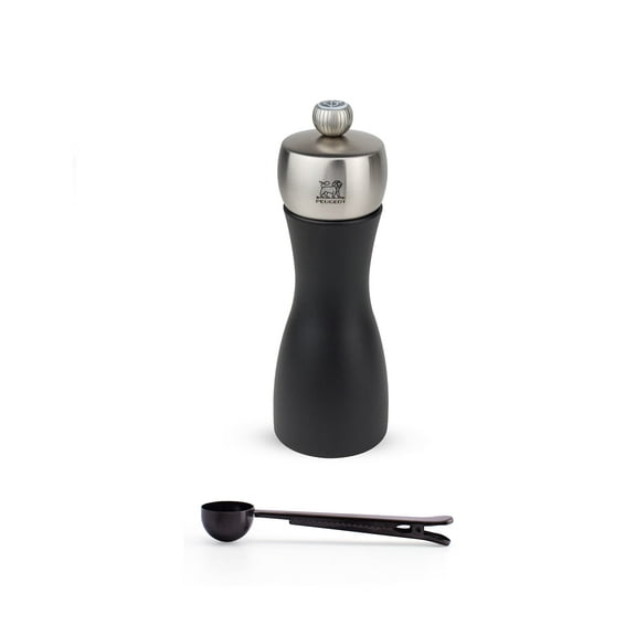 Peugeot Fidji 6 Inch Pepper Mill, Black Matte - With Stainless Steel Spice Scoop & Clip