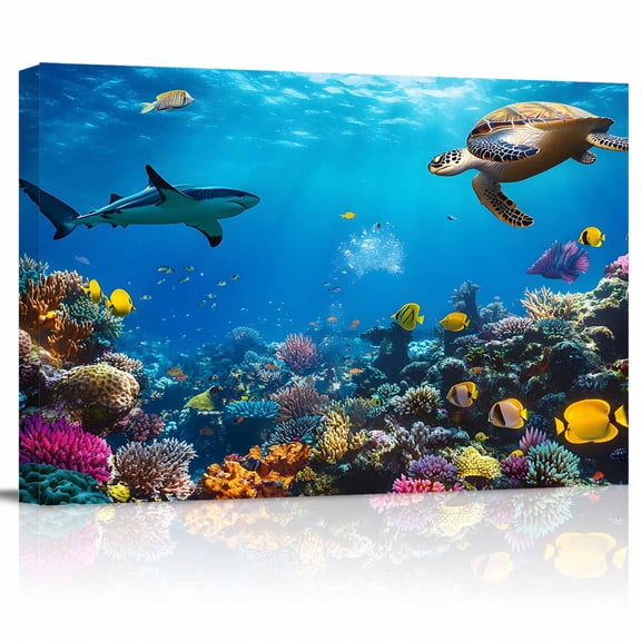 Summer Marine Life Canvas Print Wall Art Modern Turtle Shark Coral Fish Pictures Painting Morden Artwork for Living Room Bedroom, Ready to Hang - 12"x16"