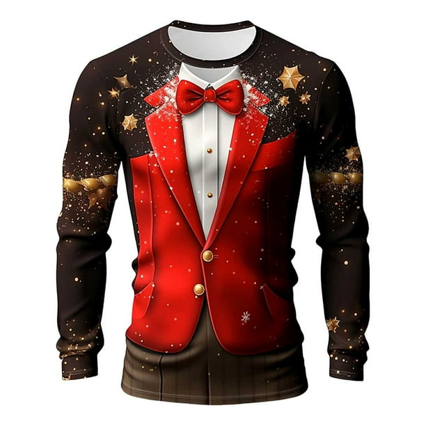 Playeras Para Gimnasio Para Hombre, Camiseta De Manga Larga Para Otoño E Invierno, Cuello Redondo, Estampado Completo, Ambiente Festivo, Celebración
