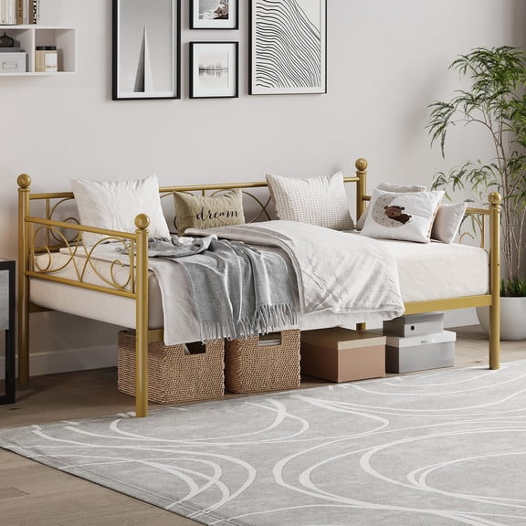 Gold Daybed, Twin Size Metal Day Bed with Floral Headboard, Modern Metal SOFE Bed Frame, Heavy Duty Steel Slats Supports, for Living Room, Guest Room