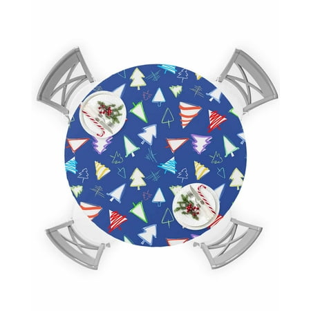 

Round Tablecloth with Elastic Christmas Colorful Xmas Tree Stick Figure Blue Waterproof Stain-proof Table Cover Wipeable Fitted Table Cloths for 36 -44 Round Tables Dining Kitchen Indoor Outdoor Use