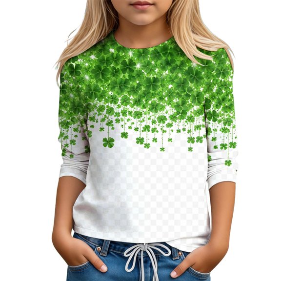 WOYY Girls St. Patrick's Day T-Shirt 3/4 Sleeve Crew Neck T Shirt Casual Tee, Sizes 3-13