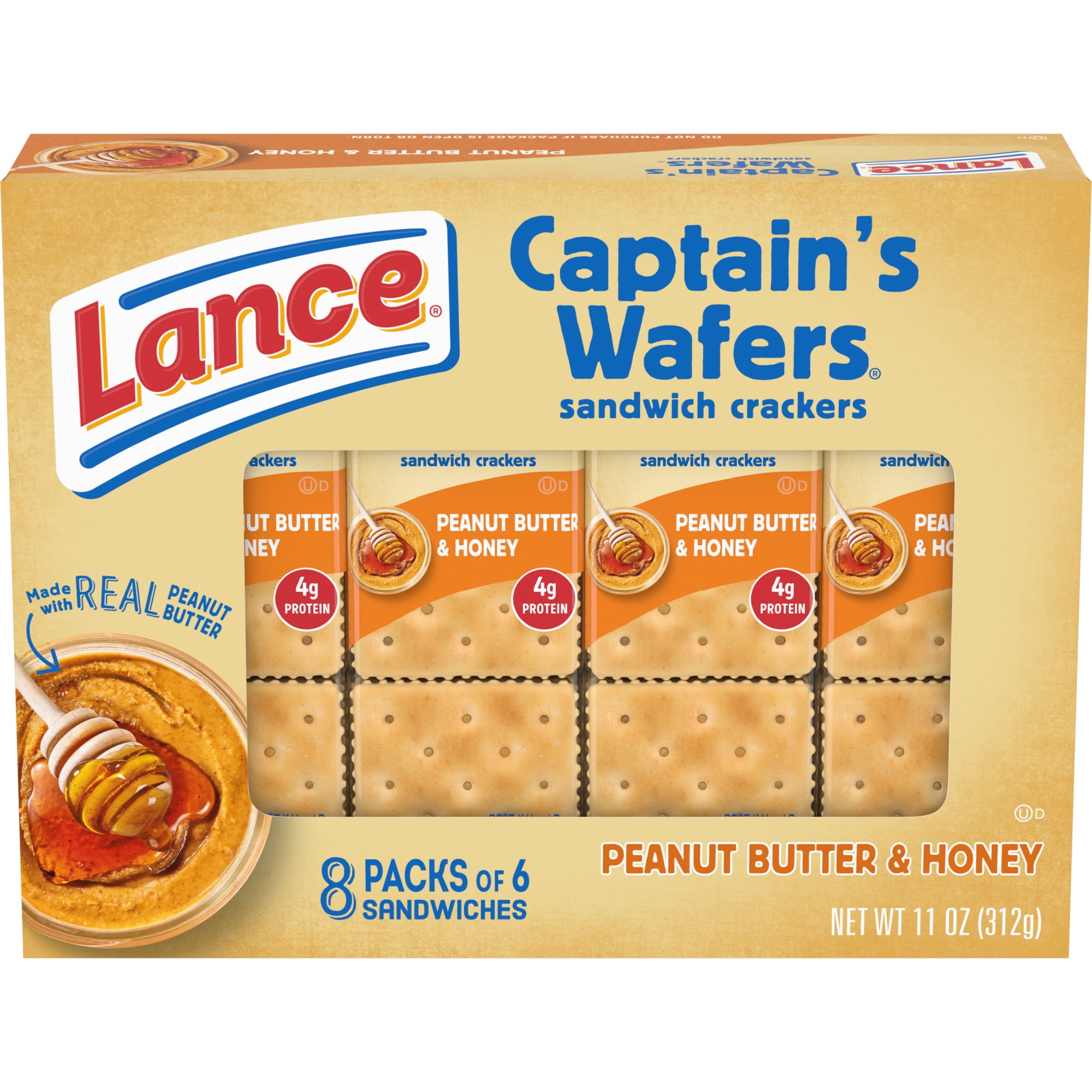 Lance Sandwich Crackers, Captain's Wafers Peanut Butter and Honey, 8 Packs, 6 Sandwiches Each