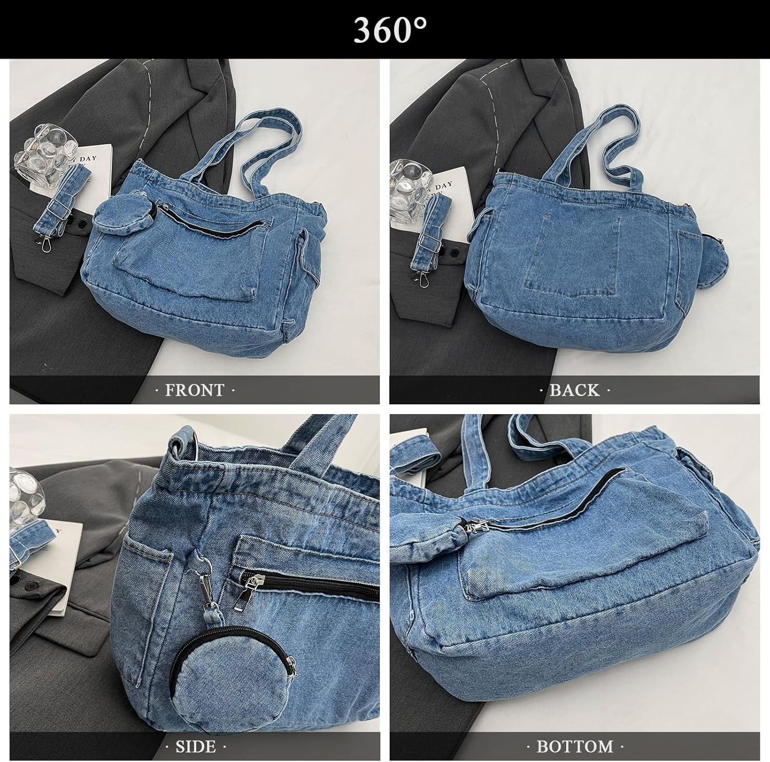 Denim Tote Bag, Large Capacity Jean Purses for Women Denim Crossbody Handbags with Small Purse