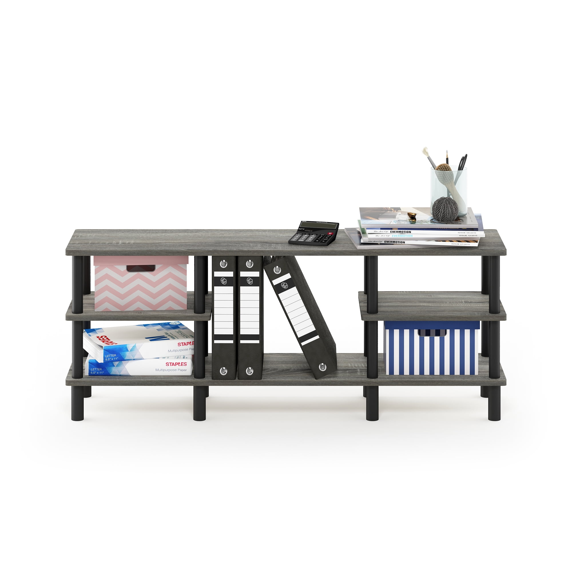 Furinno Turn-N-Tube Toolless Assemny TV Stand for TV up to 55 Inch, 3-Tier Grey Entertainment Center with Storage Shelf, TV Console, for Living Room, Bedroom, Grey Oak