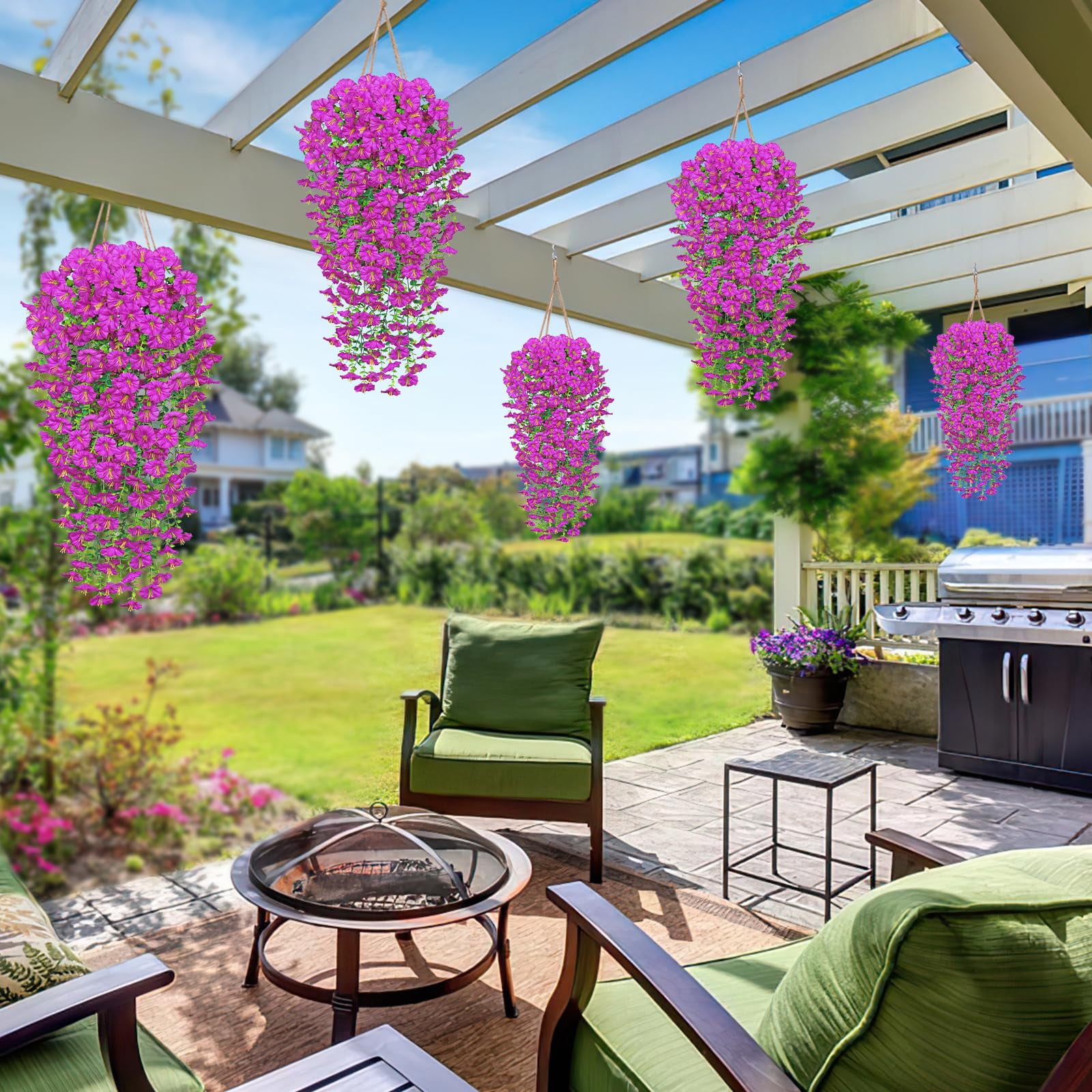 Artificial Fake Hanging Flowers Plants for Outdoor 2PCS Faux Silk Morning Glory Flowers with Eucalyptus Leaves UV Resistant Hanging
