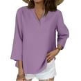 thumbnail image 4 of WTOBBY Women's Loose Fit V-Neck Button Down 3/4 Sleeve Tops, Cute Solid Summer Beach Tee Shirts, Casual Linen Blouse for Comfortable Wear,Purple 2XL, 4 of 5