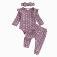 thumbnail image 4 of TOWED22 Newborn Girl Fall Winter Outfits 3 Pcs Clothing Set Long Sleeve Round Neck Graphic Romper Jumpsuit Flare Pants Headband Baby Girl Clothes Set(Purple,9-12 M), 4 of 4