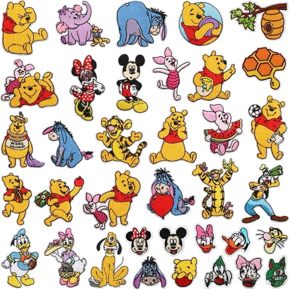 36PCS Embroidered Iron on Patches DIY Accessories, Pooh Bear Decorative Patches, Mickey Sewing Applique for Jackets, Hats, Backpacks, Jeans