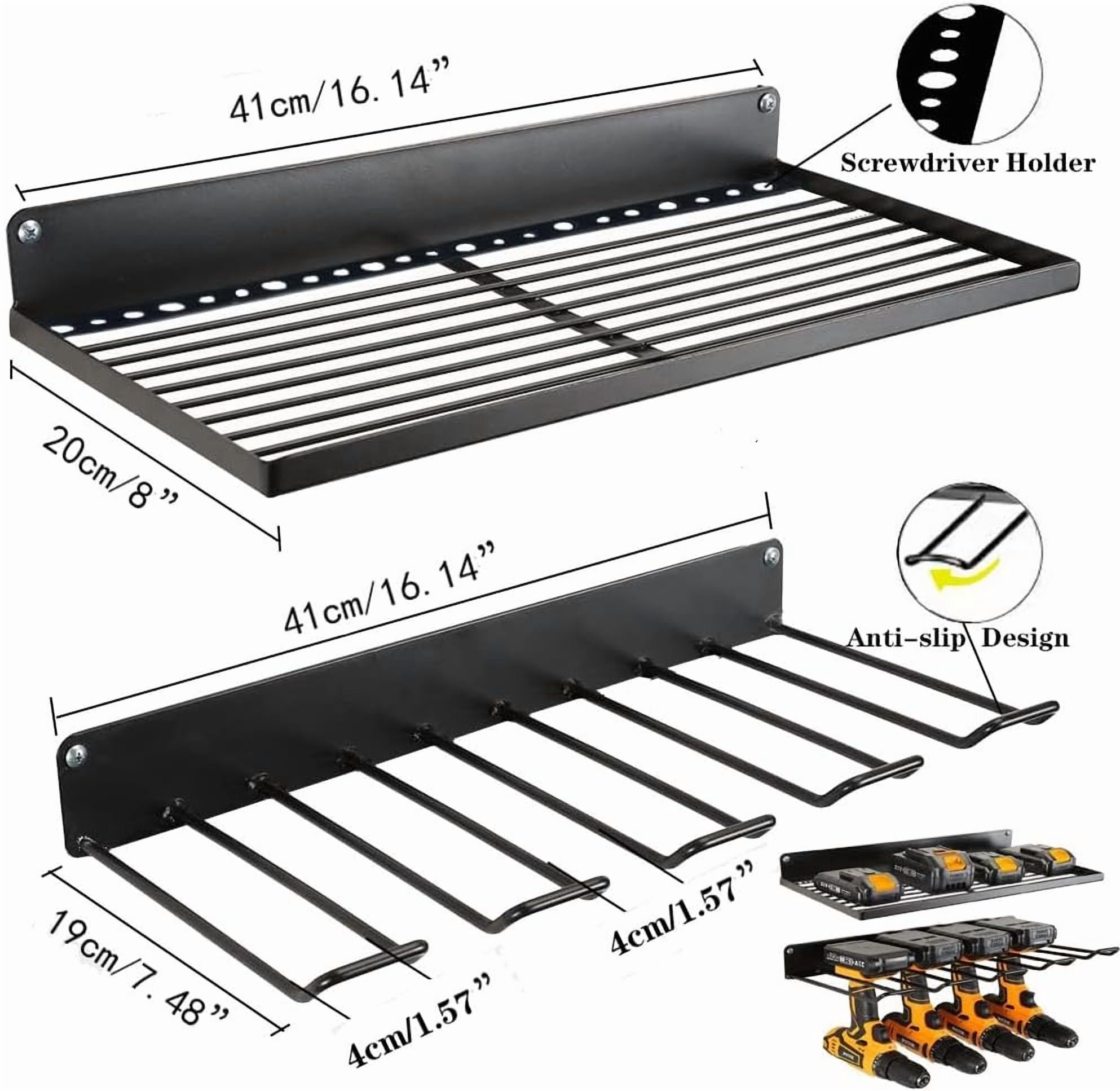 Power Tool Organizer Holder Storage Rack Wall Mounted Heavy Duty Alloy Steel Black with 1 Shelf and 1 Tool Rack