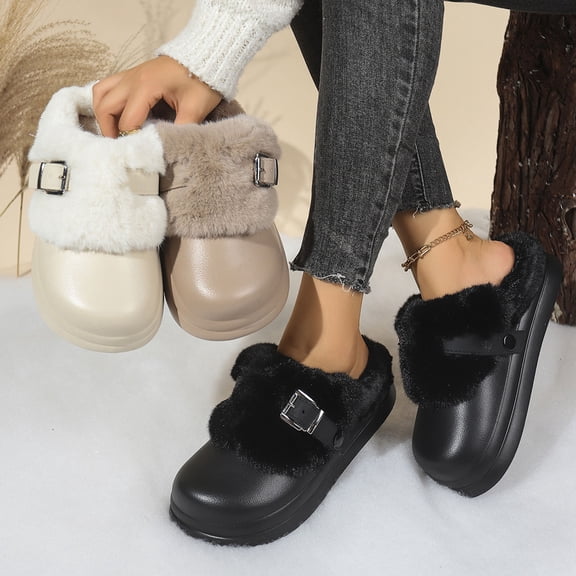 Hinvhai Womens Fleece Clogs Winter Breathable Walking Garden Shoes Warm Non-Slip Mule Footwear Khaki 40