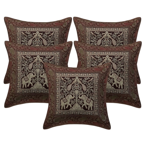 Stylo Culture Indian Couch Throw Pillow Covers 16 x 16 Jacquard Dark Brown Square 40x40 cm Home Decor Brocade Elephant Floral Zippered Cushion Covers | Set Of 5