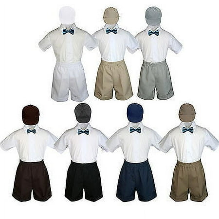 

4pc Set Boy Toddler Formal Green Teal Bow Tie White Navy Khaki Shorts + Hat S-4T