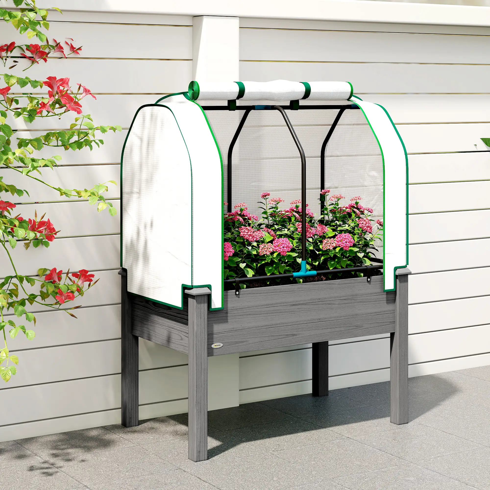 Raised Garden Bed with PE Cover, Fir Wood & Steel Frame, Roll-Up Ventilated Cover, Non-Woven Fabric, 4 Drainage Holes, Planter Box for Flowers Vegetables Outdoor