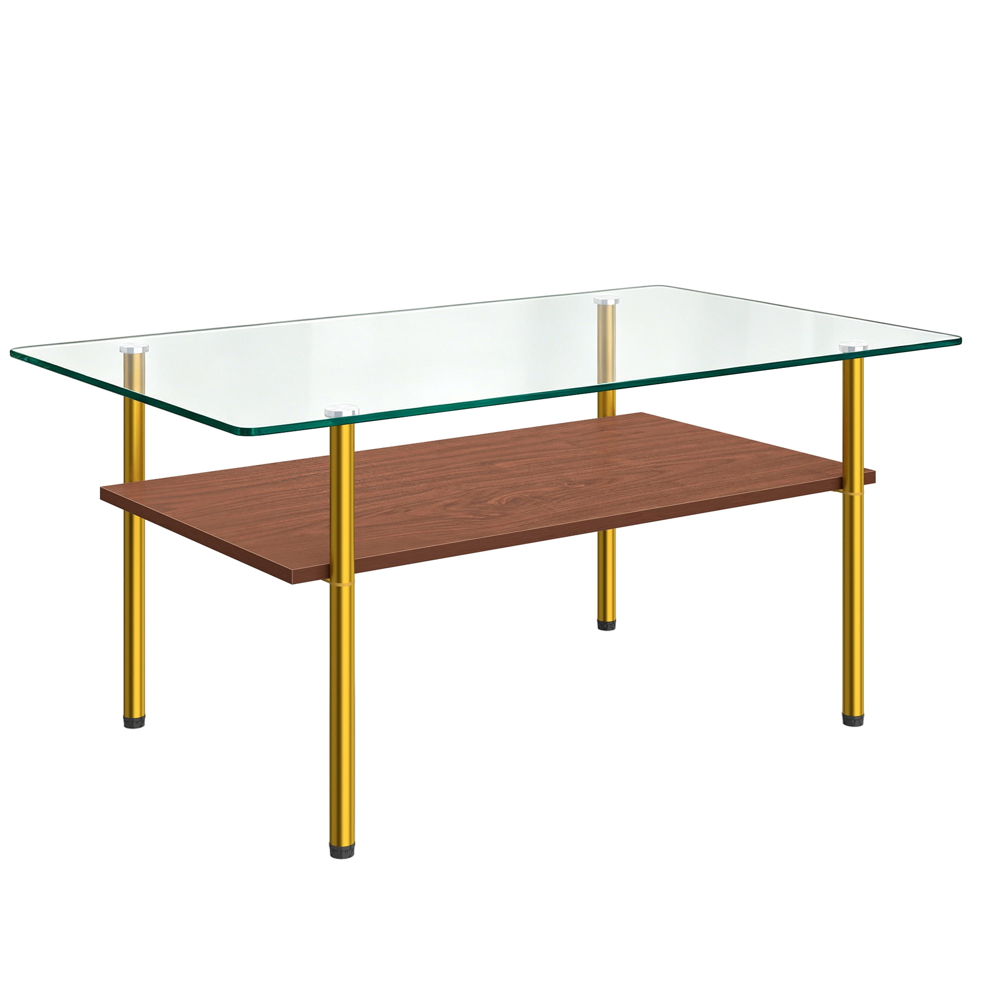 Modern Rectangular Glass Coffee Table with Tempered Glass Top and Wood Shelf, 38.6-Inch Center Table for Living Room, Gold