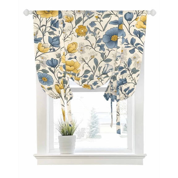 Watercolor Wildflowers Tie Up Curtains for Window, Thermal Insulated Balloon Shade Adjustable Rod Pocket Curtains Valance Panels for Kitchen Bathroom Cafe 52 x 45 Blue Yellow Spring Floral