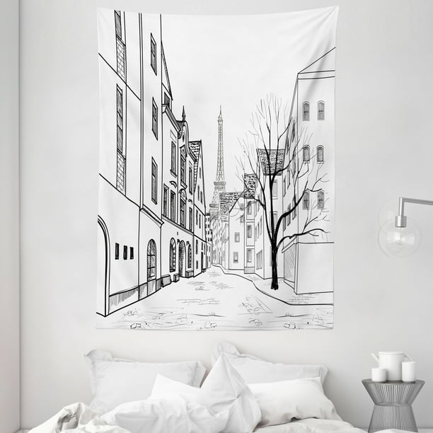 Cityscape Tapestry Paris Street With Houses Buildings And Tree On Alleyway Eiffel Tower Background Wall Hanging For Bedroom Living Room Dorm Decor Black White By Ambesonne Walmart Com Walmart Com