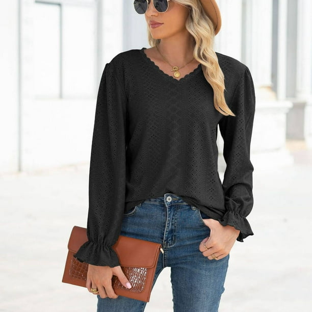 Blusa de mujer con cuello en V y mangas largas de encaje con volantes huecos y punos Blusa de corte casual de moda para dama Negro XXL Bodega Aurrera en linea