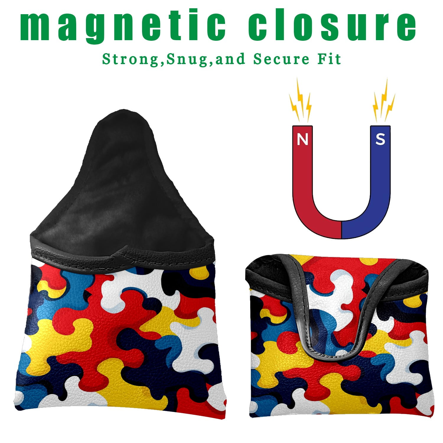 Golf Mallet Putter Cover Premium Leather Waterproof Golf Putter Head Cover with Magnetic Closure Color Puzzle