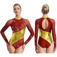thumbnail image 5 of YiZYiF Womens Shiny Rhinestone Ballet Gymnastics Dance Leotard Long Sleeve Figure Skating Dancewear Burgundy&Gold XXL, 5 of 6