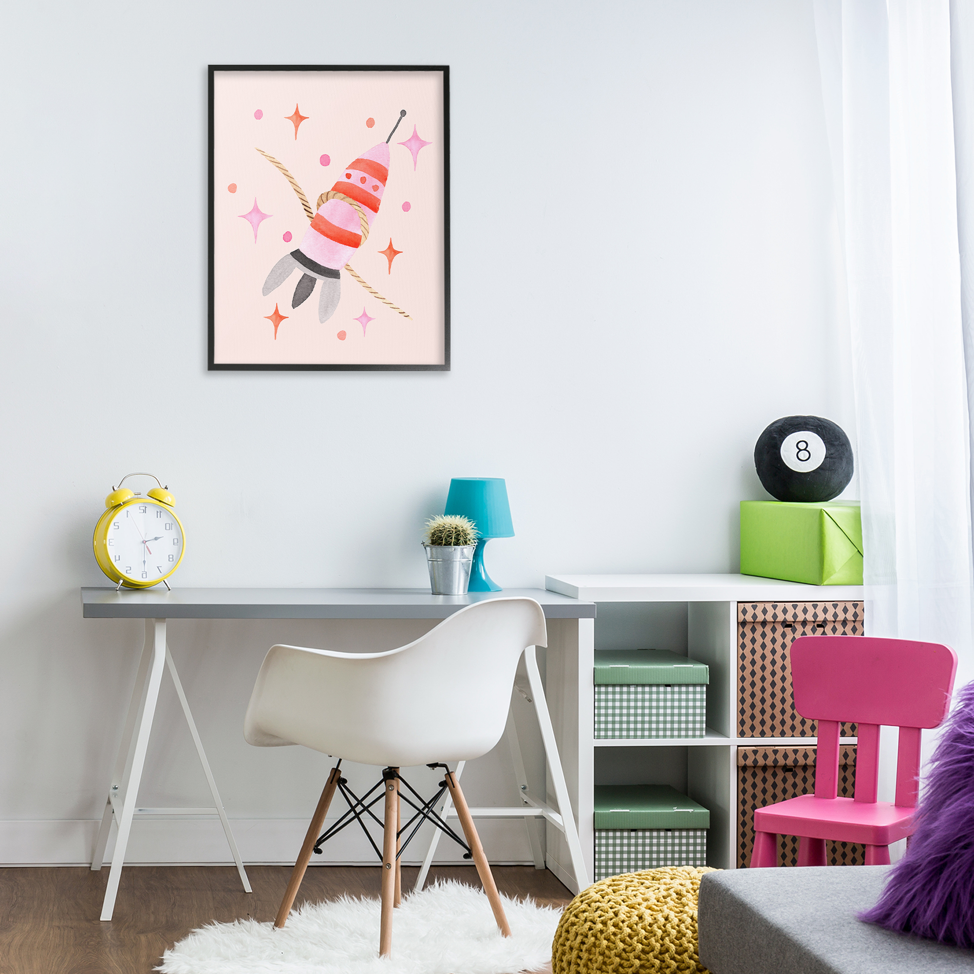 Spaceship with Lasso Black Framed Giclee Art, design by Nina Jacobs