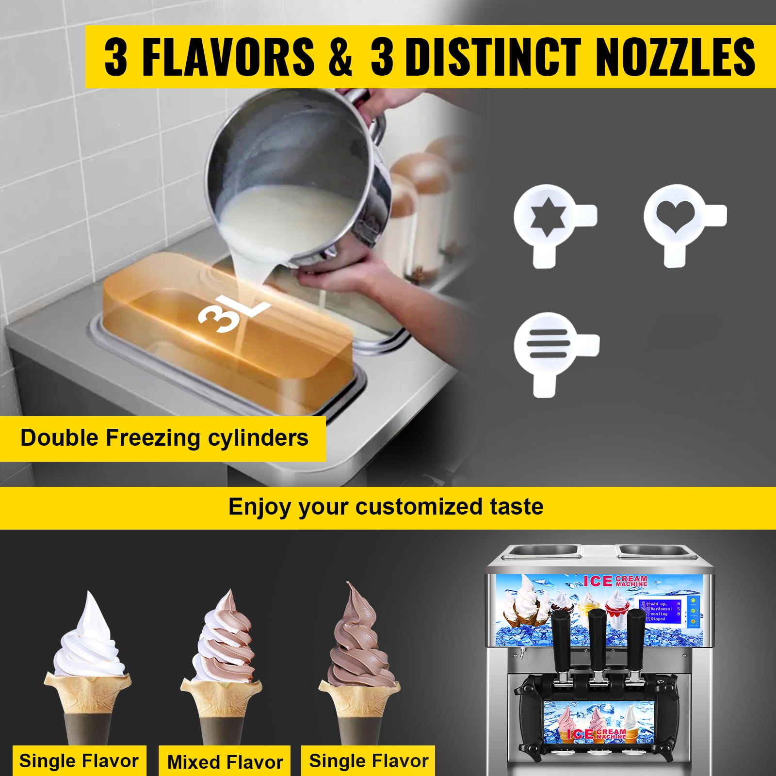 SHENGJINSH 1200W Ice Cream Machine, 18L/H Soft Serve Machine, Countertop Ice Cream Maker with 3 Flavors LCD Panel