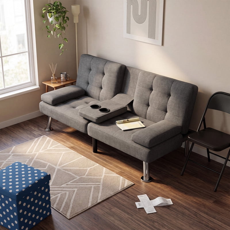 Lacoo Futon Sofa Bed, Linen Convertible Couch Sleeper Sofa, Cup Holders, Small Spaces,Drak Gray