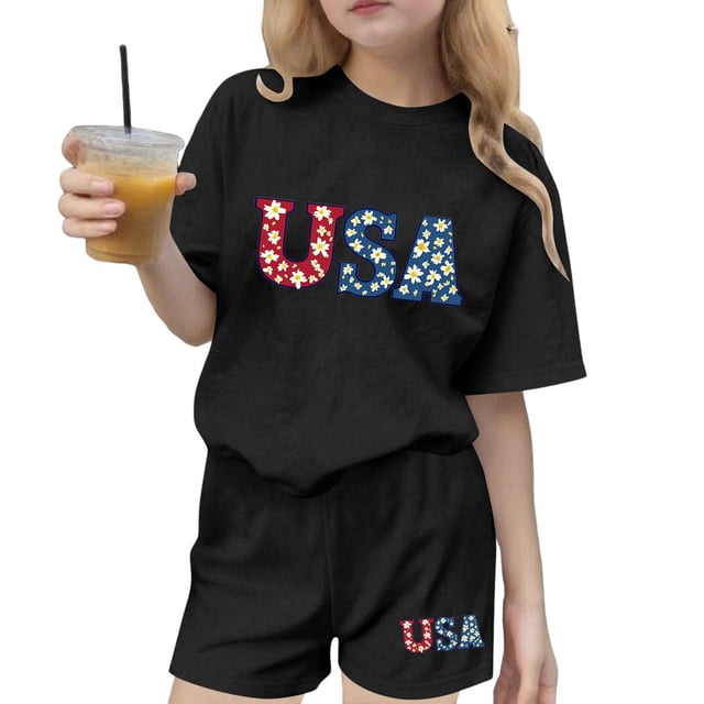 Odeerbi Camiseta de Manga Corta Con Estampado Patriótico Del Día de La Independencia de Las Niñas Con Pantalones Cortos Set de 2 Piezas