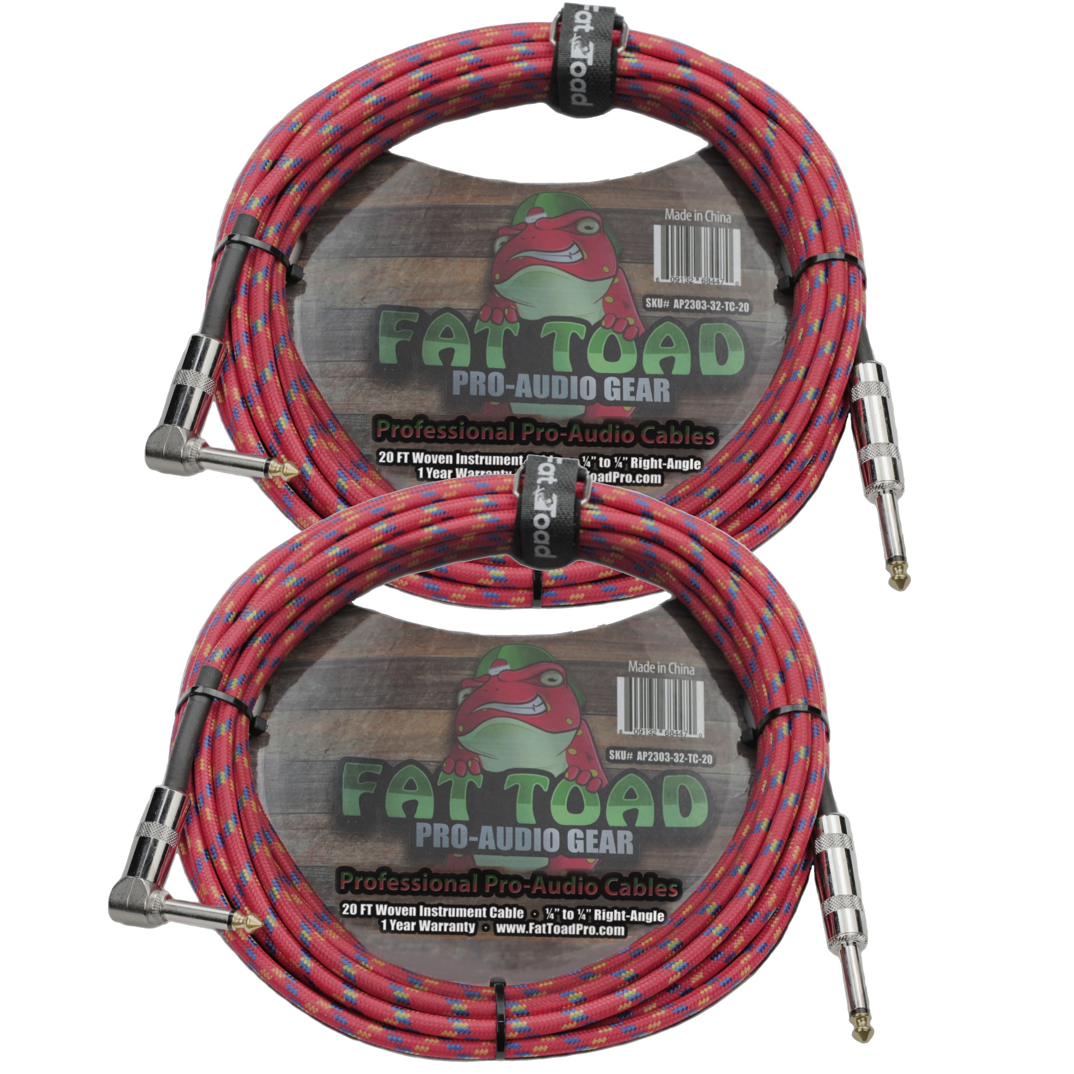 Fat Toad Guitar Cords (2 Pack) - Right Angle to Straight-End Instrument Cable Tweed Cloth Jacket - Braided Woven 20 FT 1/4 Inch Jack TS for Electric Guitar, Bass, Shielded 20 AWG Patch Conductor